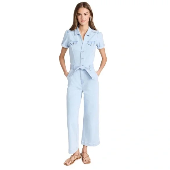 PAIGE ANESSA Short Sleeve Denim JUMPSUIT withBELT in “Kokomo” light wash